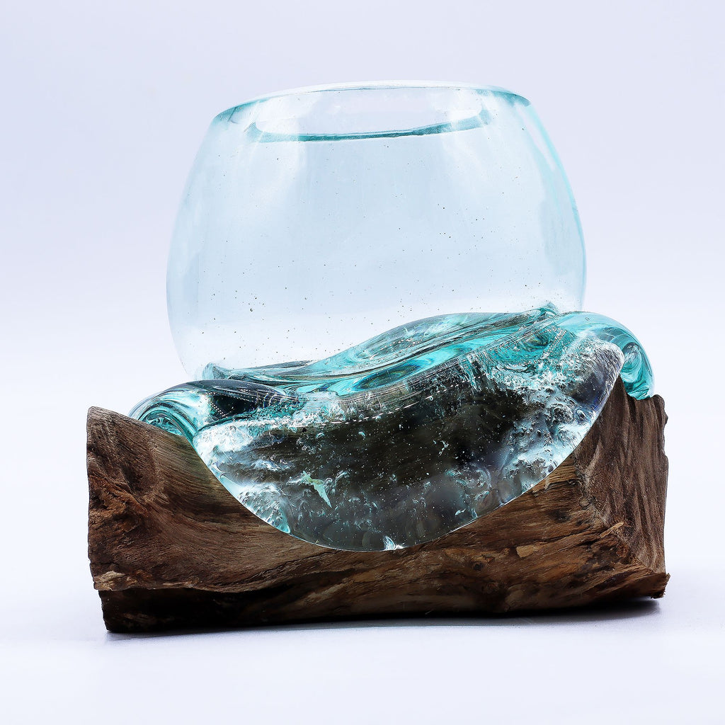 Molten Glass Mini Goldfish Bowl on Wood 20cm